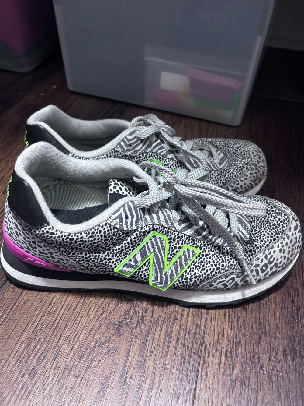New Balance Gray Animal Print Sneakers with Neon Green and Pink Accents